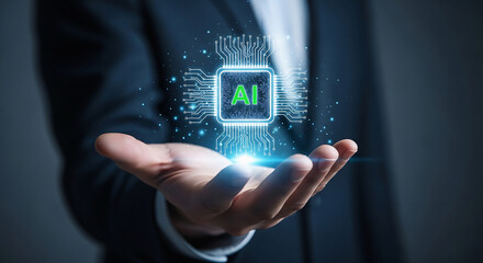 Person holding a glowing A I chip with circuit patterns in their hand transparent background