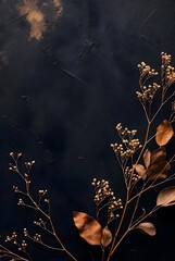 Beautiful dried brown twigs and leaves decorating dark textured vertical background for composition