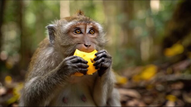 A macaque snacks on a ripe mango amid dappled forest light, focused gaze and curious expression hue