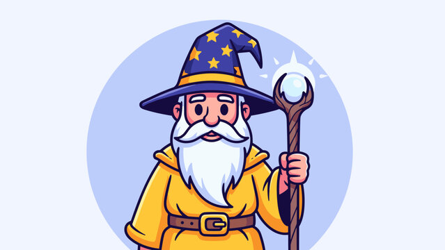 A cartoon wizard with a long white beard and a pointed hat holding a magical staff.