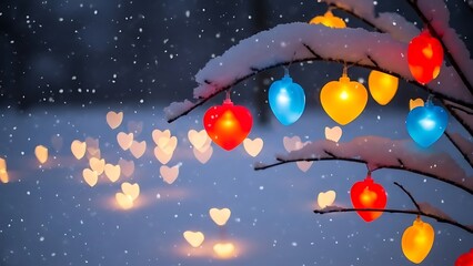 Magical winter scene featuring colorful heart shaped lights hanging on snow dusted tree branches at twilight with soft snow.