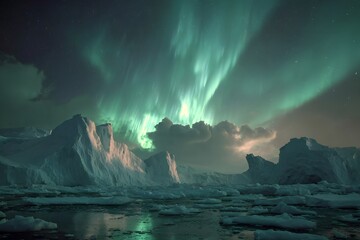 Naklejka premium Aurora australis glowing above Antarctic ice formations breathtaking southern lights polar night landscape photography