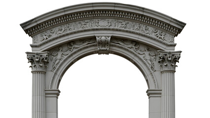 An ornate gray stone archway with intricate carvings and columns stands alone against a plain white background