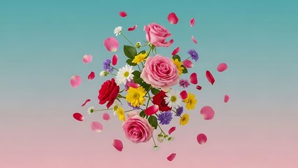 Whimsical circular explosion of pink roses and yellow daisies with floating petals on a pastel blue and pink gradient background.