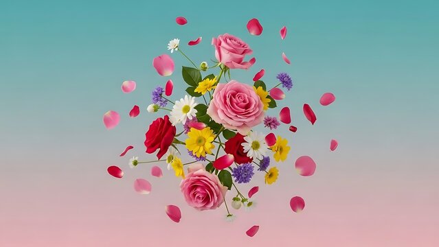 Whimsical circular explosion of pink roses and yellow daisies with floating petals on a pastel blue and pink gradient background. - Powered by Adobe