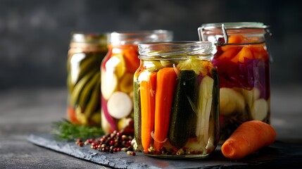 Pickled vegetables preserved in mason jar homemade fermented food rustic kitchen photography probiotic healthy lifestyle