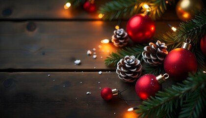Top View of Christmas Decorations with Red and Gold Ornaments and Pine Cones