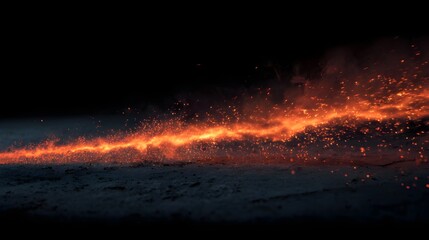 Fire trace line with glowing embers floating intensely creating powerful abstract streak energy motion art