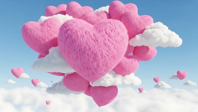 Whimsical pink heart shaped fluffy balloons floating among soft white clouds in a bright blue sky for Valentine's day.