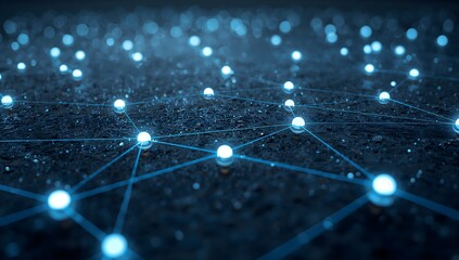 Close-up of glowing blue spheres and lines connecting in dark space