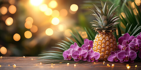 A fresh ripe pineapple beautifully placed on a rustic wooden table with purple orchid flowers and palm leaves in the background. Warm golden sunset light creates a relaxing summer tropical atmosphere