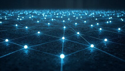 Abstract blue network connection background on dark asphalt surface