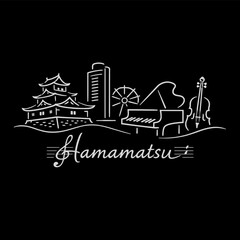 Obraz premium Hamamatsu city skyline with castle and musical instruments vector illustration