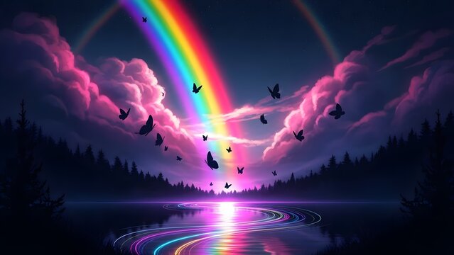 Magical night landscape with rainbow and butterflies. Fantasy and dream concept. Glowing butterflies flying over a dark lake reflecting vibrant colors and a starry sky