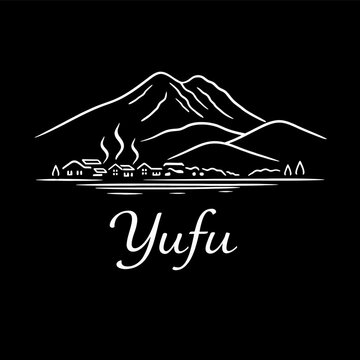 Mount Yufu and village scenic landscape minimalist line art illustration