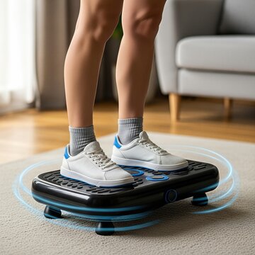 Woman exercising on vibration plate for fitness at home