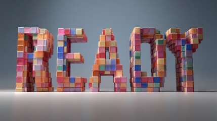 The Word READY Formed by Colorful 3D Cubes on a Grey Background