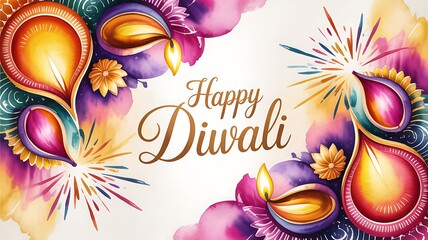 Happy Diwali festival background with beautiful illuminated oil lamps, lanterns, and firecrackers on an abstract yellow and orange wave.