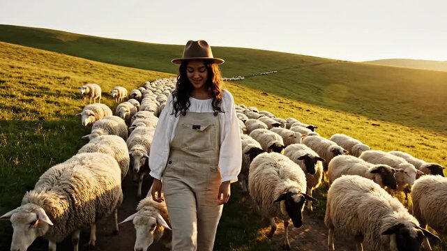 Woman Herding Sheep in Green Pasture at Sunset.