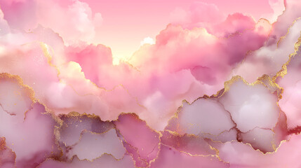 Pastel pink watercolor-style cloudscape with shimmering gold glitter outlines and soft gradient lighting. 
