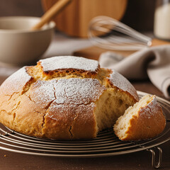 Delicious homemade bread on cooling rack with powdered sugar