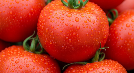 Fresh tomatoes with water droplets on vibrant red skin closeup