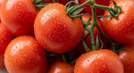 Fresh vine tomatoes with water droplets on a green stem