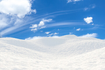 Bright snowy hills under blue sky landscape. 3D rendering.