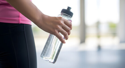 Athletic woman holding transparent water bottle after gym workout for hydration and refreshment