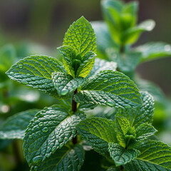 Fresh mint leaves with dew drops in garden setting naturally