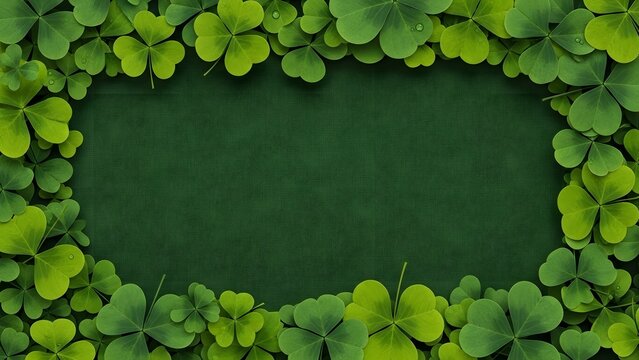 Frame made of green shamrock and clover leaves on a dark green texture. Saint Patrick day and luck background. Green clovers forming a border around a blank space for text or design