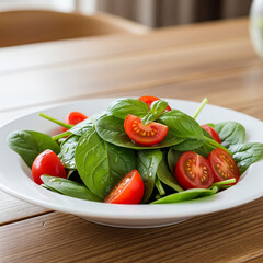 Fresh spinach and cherry tomato salad on white plate