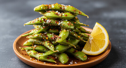 Spicy edamame sprinkled with chili flakes and sea salt