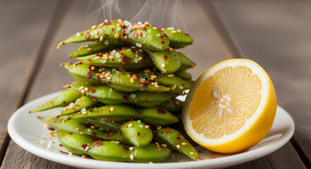 Steaming hot edamame with chili flakes and lemon on white plate