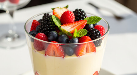 Delicious mixed berry dessert in a glass cup with creamy pudding