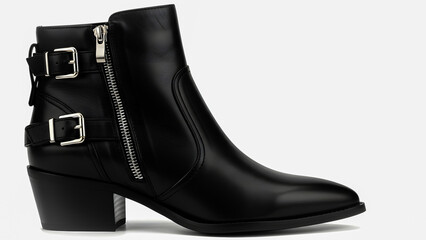 A sleek black leather ankle boot with buckles and zipper on a plain white background
