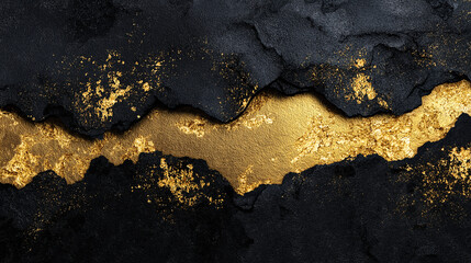 Black and gold texture background, rough, cracked dark surface with shimmering golden foil details, luxurious contrast, and abstract artistic design. 