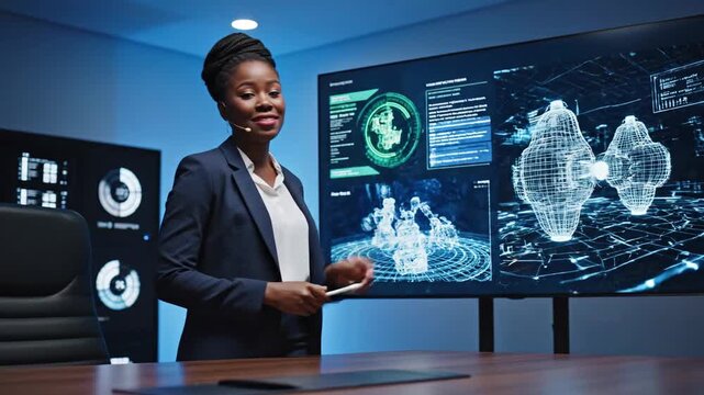 Businesswoman analyzes Chart Crypto on multiple screens in a high-tech office environment