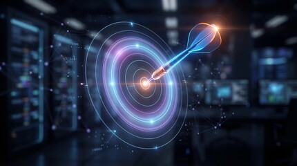 Futuristic Digital Target with Glowing Dart Hitting Bullseye in Dark Server Room