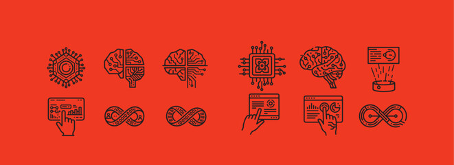 Quantum computing chip, futuristic AI brain, hologram interface, digital infinity symbol. 