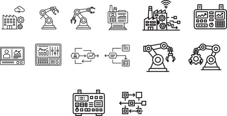 Smart factory, industrial robot, control panel, automation process flow.