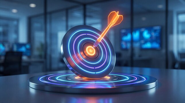 Digital Marketing Target with Neon Glowing Bullseye and Dart in Modern Office