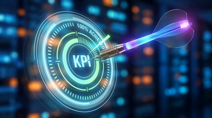 Futuristic Digital KPI Target with Glowing Dart hitting 100% Achievement
