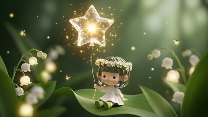 Little girl sitting on a leaf holding a star balloon. Fantasy nature and childhood imagination. Small character with flower crown holding a glowing star in a garden