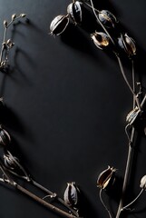 Dark botanical frame with dried seed pods and branches on black textured background
