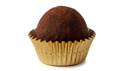 A chocolate truffle dessert presented in a golden wrapper on a white background