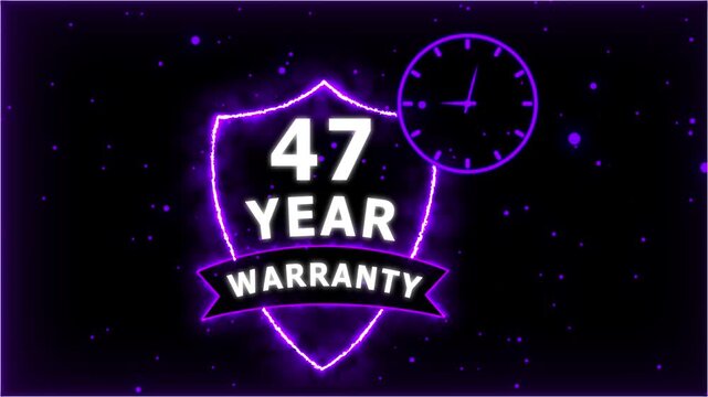 Neon Glowing Shield Badge with 47 Year Warranty Text and Clock Animation on black Futuristic Background.