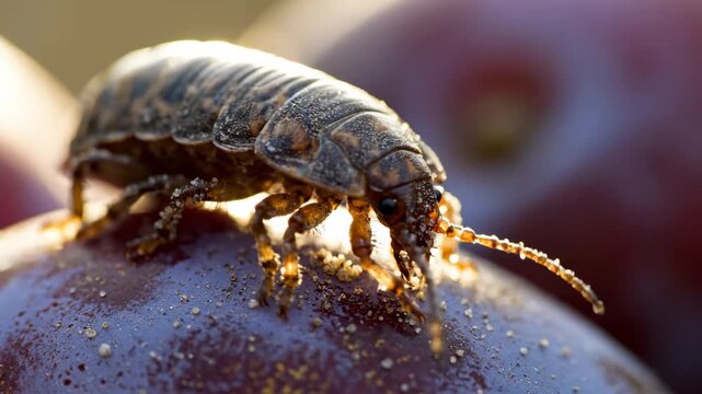 Woodlouse on Plum, Macro Close-Up, Backlit in Sunlight, Slow Motion, 4K