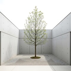 Solitary tree in modern courtyard setting