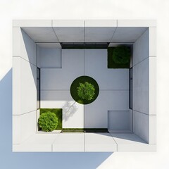 Modern minimalist courtyard with greenery and white walls